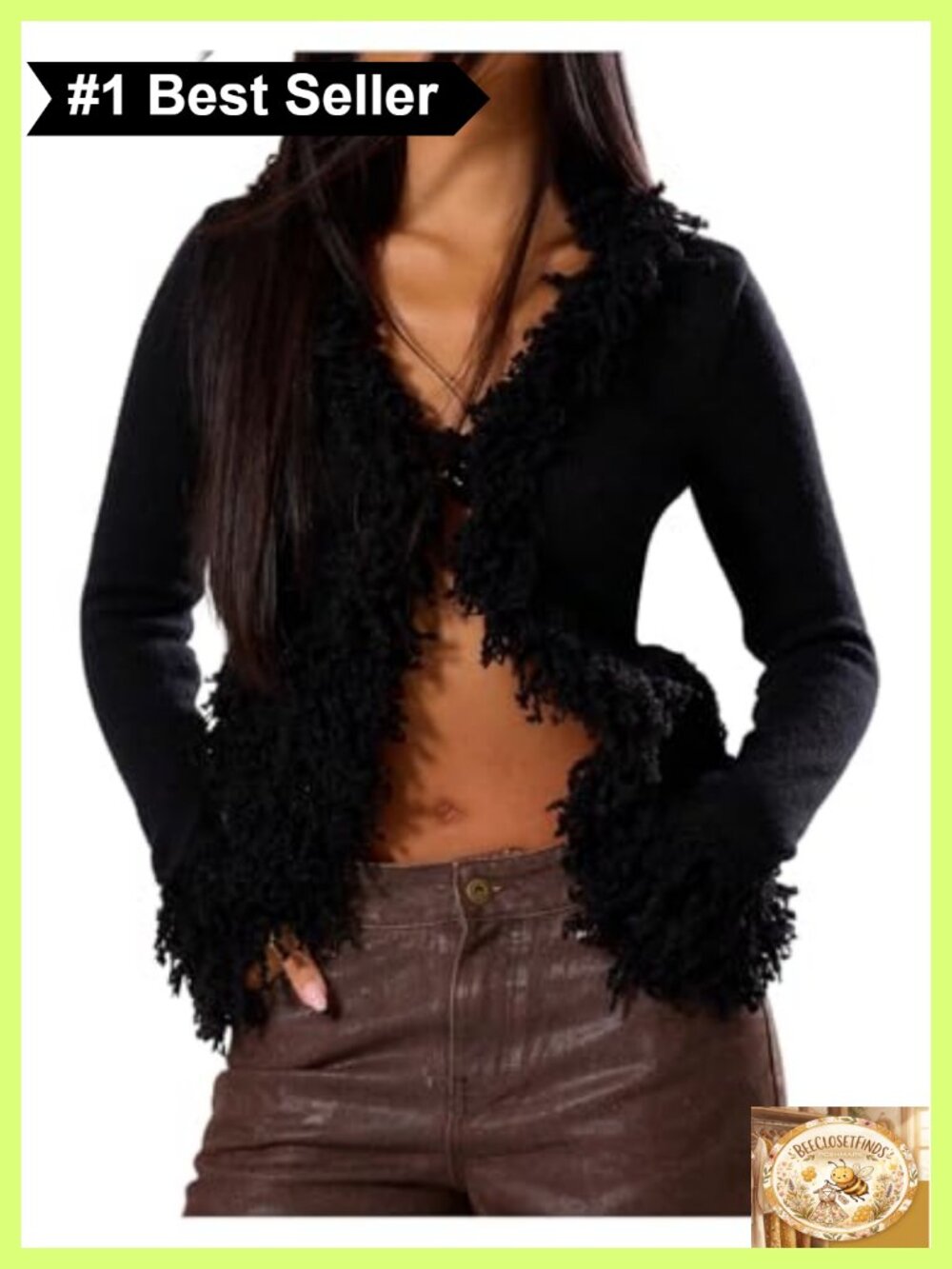 Fuzzy Trim Cardigan Sweater V Neck Long Sleeve Knitwear